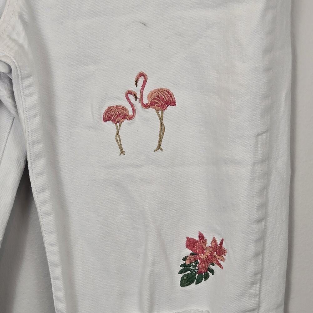 Standard Grace Jeans White Embroidered Flamingos Palm Trees Distressed Sz 12 - Picture 3 of 10